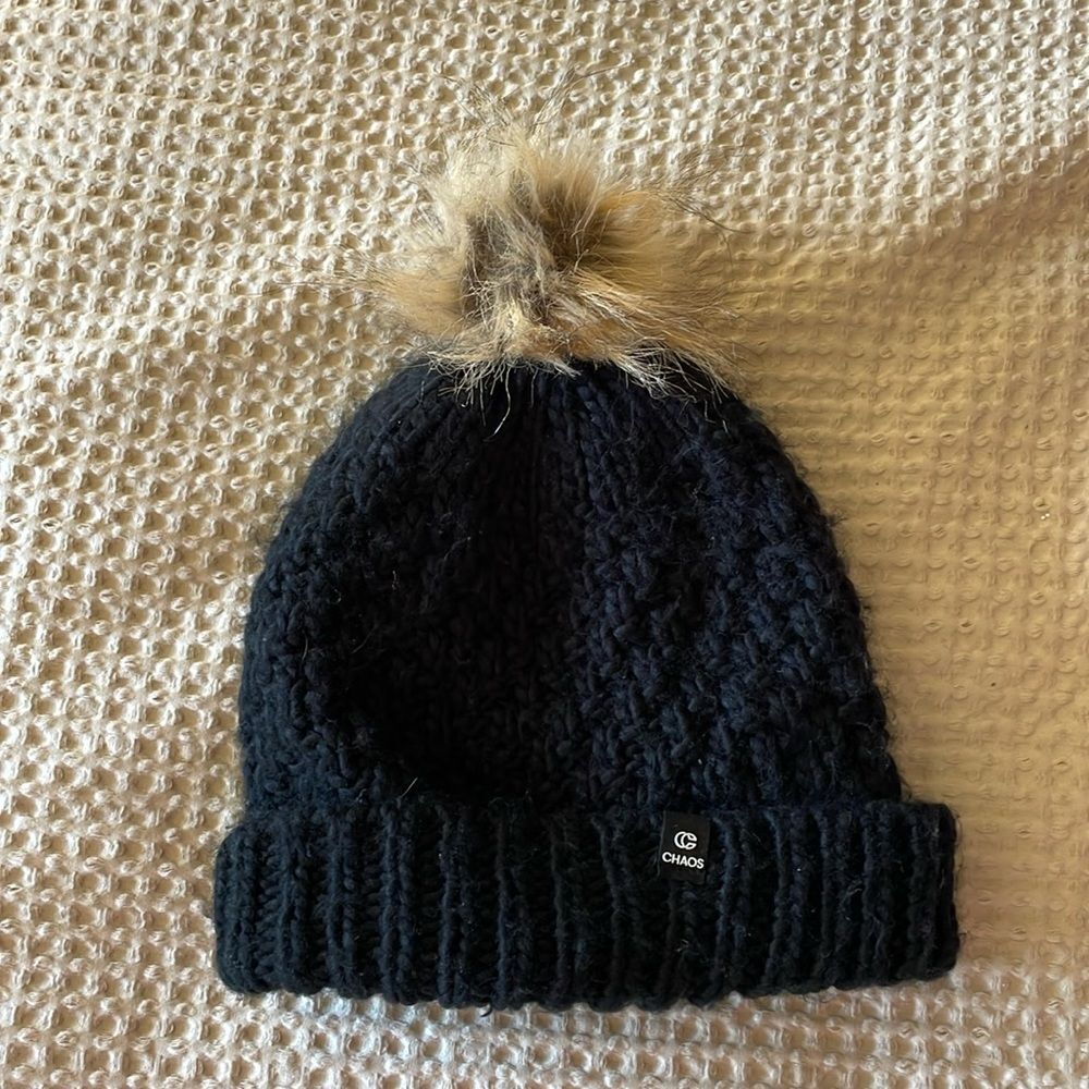 Chaos Black Beanie Winter Hat Pom Pom Unisex Warm Skiing Boarding Snow